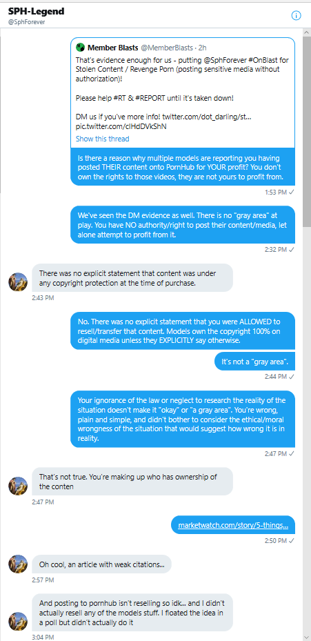 We'll share DMs that we had with  #OnBlast  @SphForever.(Note the lack of understanding, lack of remorse, & threats to "make things worse" if not getting their way - then blocked us!)Please  #RT so other models know NOT to provide them with content as they're not to be trusted!