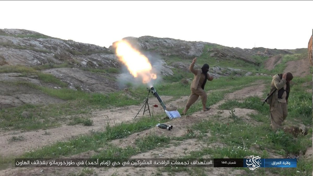 Why open source images can be rather revealing to arms ID nerds:South of  #Kirkuk: ISIS targets "gatherings of Shiites" with a rather new mortar, rather similar to existing Yugo-derived designs. Note that it isn't properly bedded in, meaning a "shoot and scoot" attack.1/