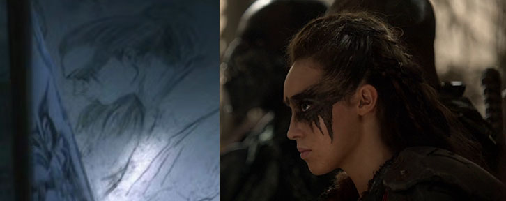 This profile of Lexa is probably not from any particular scene, but a general image of the warrior leader/ally Lexa from S2. I used the scene of her making a speech in 2x15, but there were scenes in 2x09 (like when she told Clarke that Love is weakness) that looked similar.