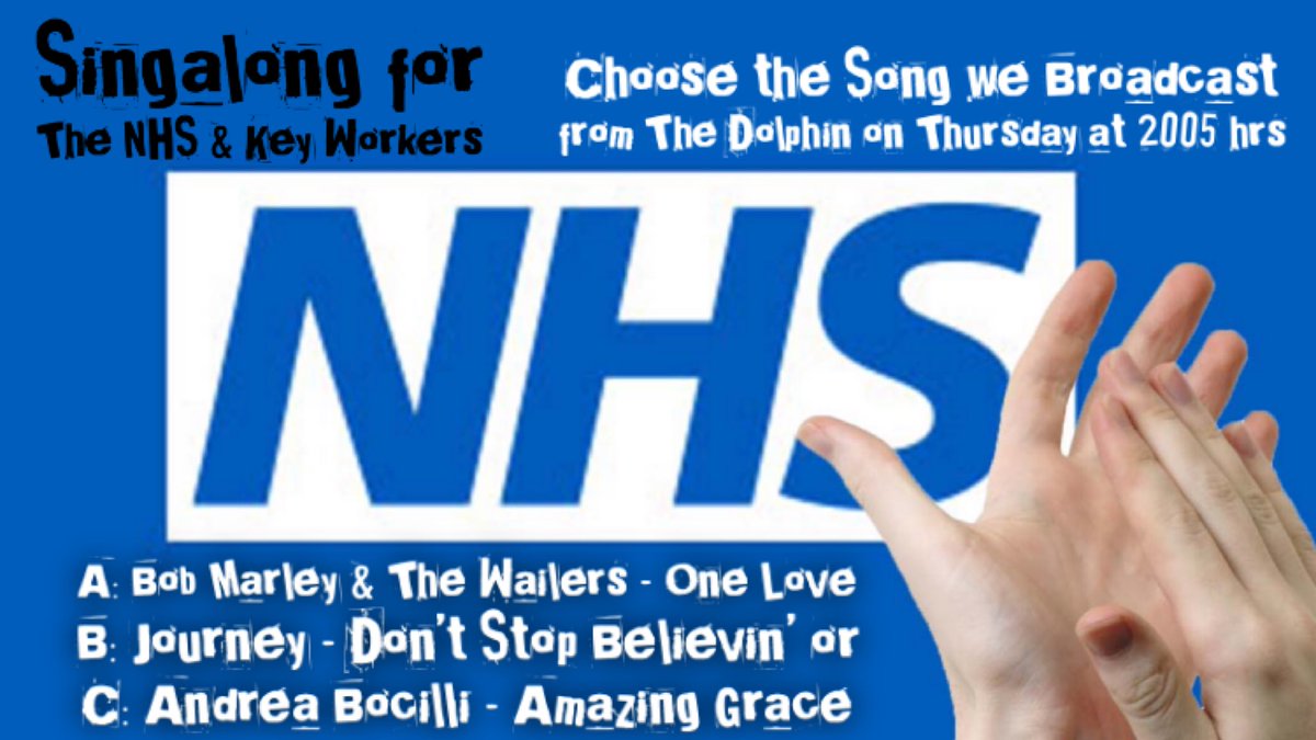 On Thursday at 2000 hrs we will once again stand with our neighbours &amp; towns folk to applaud the NHS &amp; Key workers, we will also be ‘Live’ Broadcasting one of these ‘Choice Tunes’ to salute those heroes after the applause. But which song would you like us to use ?