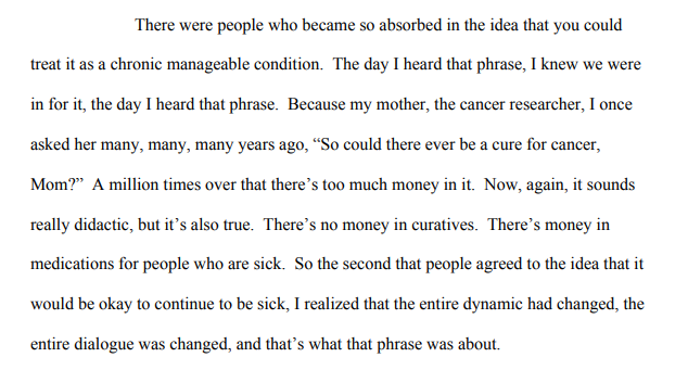 The third of Gran Fury's Four Questions, Have you given up hope for a cure?, got the most conversation in Avram Finkelstein's ACT UP Oral History interview.Capitalism, Finkelstein says, leads to chronic manageable conditions: not cured diseases.Painfully proven time & again.