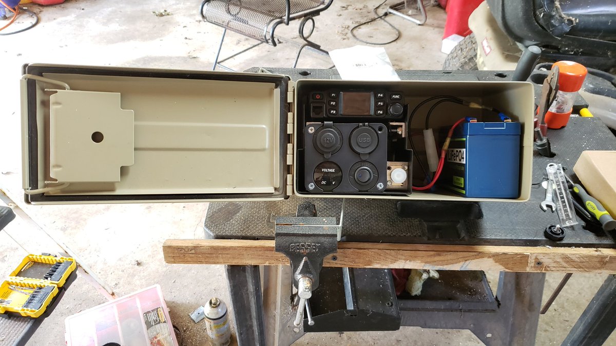 CigarsNJeeps's tweet photo. Been working on an Ammobox field radio that I can use when camping, etc. Runs off of 12v lithium batteries. Just about complete. Still have some wiring to finish once I can buy more supplies. #hamradio #fieldbox #keepingbusywhilesheltered https://t.co/7BhUUfPKY3