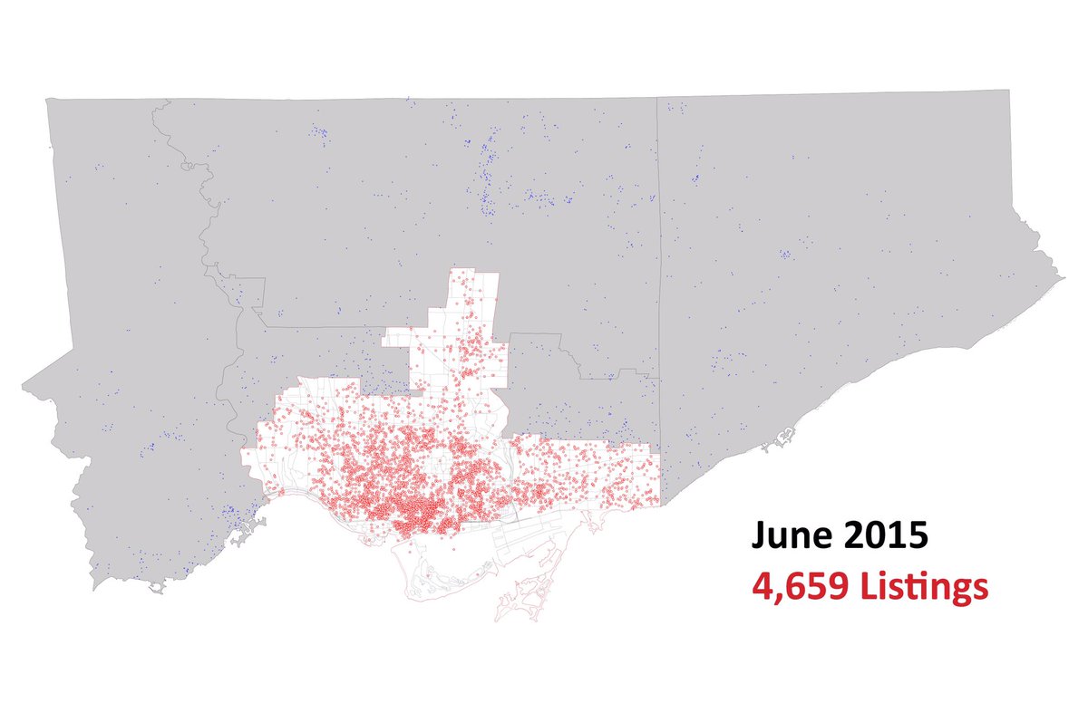 10. A few additional thoughts:If you look at the blue dots, outside the former City of Toronto, you can see the growth of listing clusters in North York Centre, Humber Shores, by York University, near Yorkdale, at Dufferin/Lawrence (Treviso?), and elsewhere.