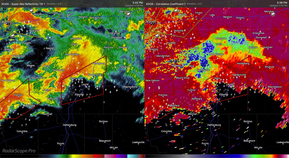 RaleighWx's tweet photo. Man what an awful looking storm in MS. Obvious debris ball signature between Collins and Soso. https://t.co/zOGi4Vh9XX