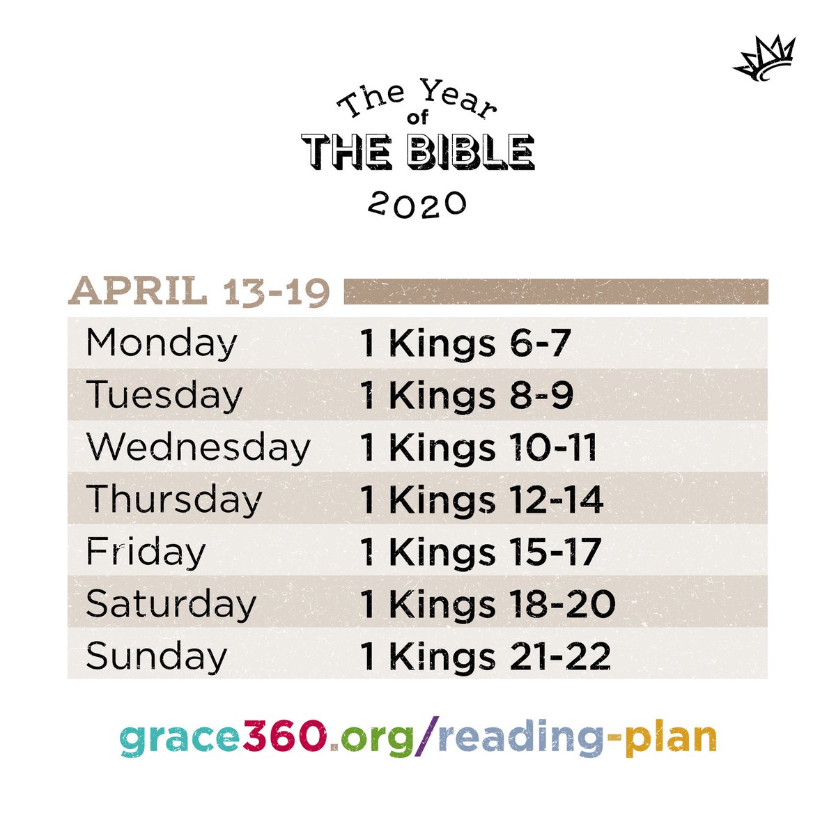 Reading the Bible in 2020 with Grace? Here are the chapters for this week. Want to start reading? Visit grace360.org/reading-plan for details.