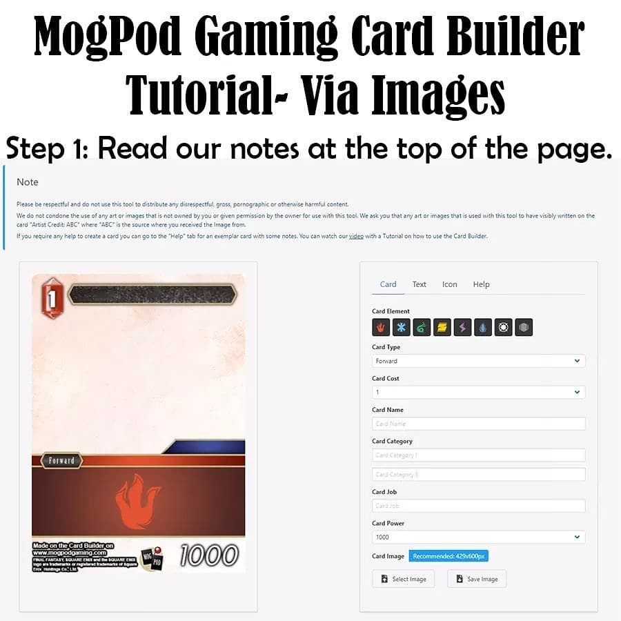 MogPodGaming's tweet photo. (Part 1/3) I couldn't do a livestream but instead Here is a 10 step image tutorial on how to use our new card builder!

Remember it is available to our Patreon Members, right now!

#FFTCG #MogPod #CardBuilder

Enjoy! https://t.co/Bi4GlnZMFk https://t.co/KWj3X5y3kz