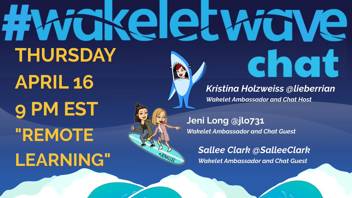 lieberrian's tweet photo. Don't miss our next global #wakeletwave twitter chat happening this Thursday, and it's all about #remotelearning.
I'm hosting with guests @jlo731 and @SalleeClark at 9pm EST, and @IleneWinokur is chatting with @ChhillarManju and @ashe333 at 5pm GMT. https://t.co/mpCLvyItrQ