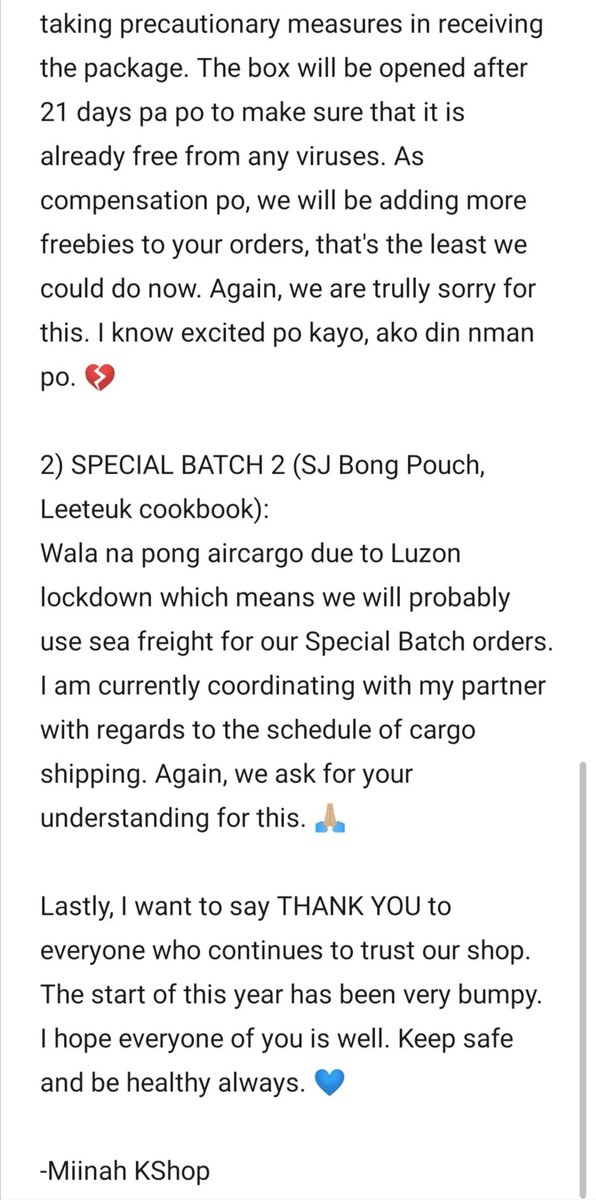 miinahkshop's tweet photo. #MKPHupdate
Annyeong chingu!
I know you are all waiting for an update. I was waiting for the update from our partners sa orders niyo. Please see photos for update. Check niyo po sa masterlist kung di po kayo sure kung anong batch yung order niyo. If may tanong pa po DM us. π https://t.co/jy4Tc8mLEZ