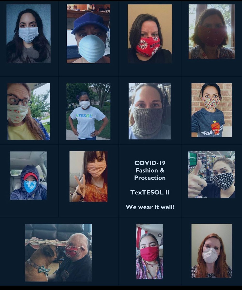 textesol2's tweet photo. TexTESOL Board and Members Covid-19 Fashion and Protection! We wear it well! Stay tuned for our newsletter. #PD #TexTESOL2 #networking #ESOL #covid #distancelearning #eslteleteaching #besafestayhome #stayhome https://t.co/eHEhXSag9v