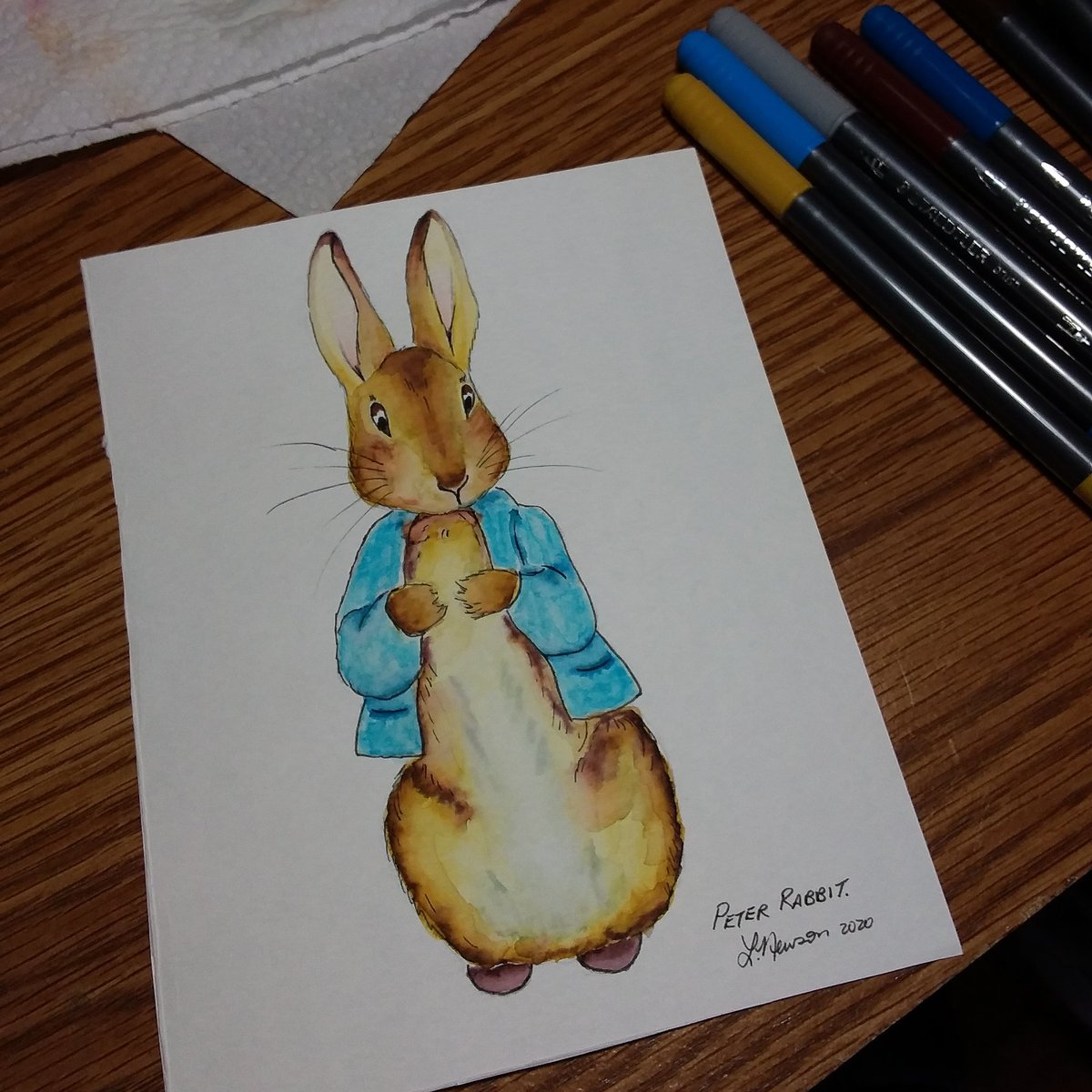 Had to make Benjamin Bunny to go with Peter. #LockedInArtClub  #watercolorbrushpens #BeatrixPotter #petercottontail #bunny