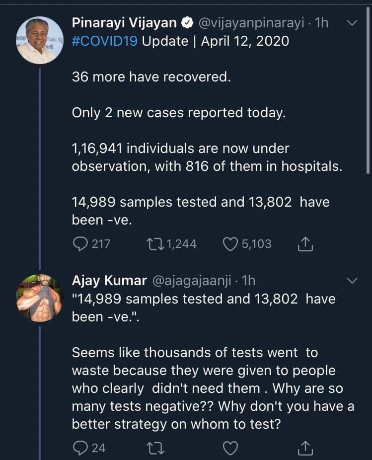 navinbhavadasan's tweet photo. I honestly don't know if he was serious about that comment, if he was, it's alarming. Come on, how stupid can someone be?! 

#Kerala #KeralaFightsCorona #KeralaLeads #keralamodel #coronavirusindia #Covid_19india #stupidity #idiots https://t.co/X0FqUINZI3