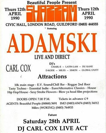 OfficialAdamski's tweet photo. 30 years ago today - Adamski + @carlcoxofficial play SHAZZAM in sunny Guildford! Of course, we are in #unshazamble mode these daze....
-ADAMSKI HQ
.
.
.
#adamski #carlcox #shazzam #acidhouse #dancemusic #housemusic #edm #rave #guildford #90smusic #flyer #techno #liveandirect https://t.co/OY6kFYzYp2