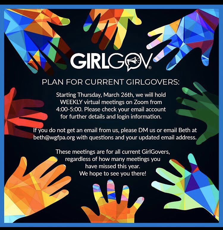 WgfGirlGov's tweet photo. With all the #SocialDistancing going on, girl gov is still working to help our teens have an outlet to engage and learn. https://t.co/VeBLItXWvx