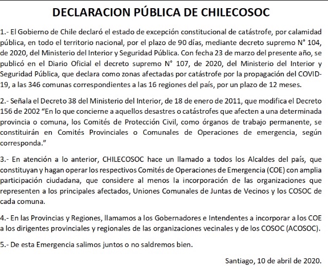 ACOSOC_ACE's tweet photo. Declaración de @ChileCosoc sobre funcionamiento COE Comité Operaciones de Emergencia. https://t.co/ZfDUGKYTfO