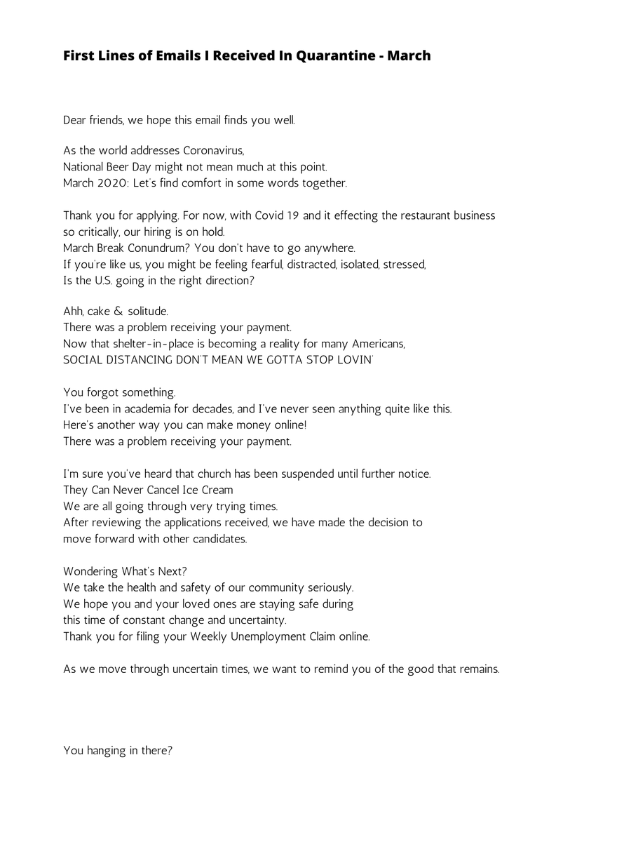 Ashley Stilson A Poem Called First Lines Of Emails I Received In Quarantine March