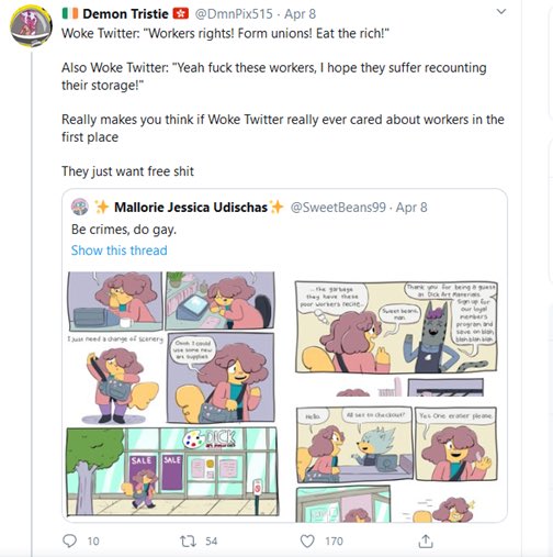 Here’s the most interesting and infuriating part:Sadie takes a very popular tweet from  @DmnPix515 that mocks woke hypocrisy and juxtaposes it to two tweets that were racist/homophobic in nature, both of which got little to no traction.