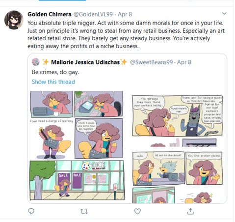 Here’s the most interesting and infuriating part:Sadie takes a very popular tweet from  @DmnPix515 that mocks woke hypocrisy and juxtaposes it to two tweets that were racist/homophobic in nature, both of which got little to no traction.