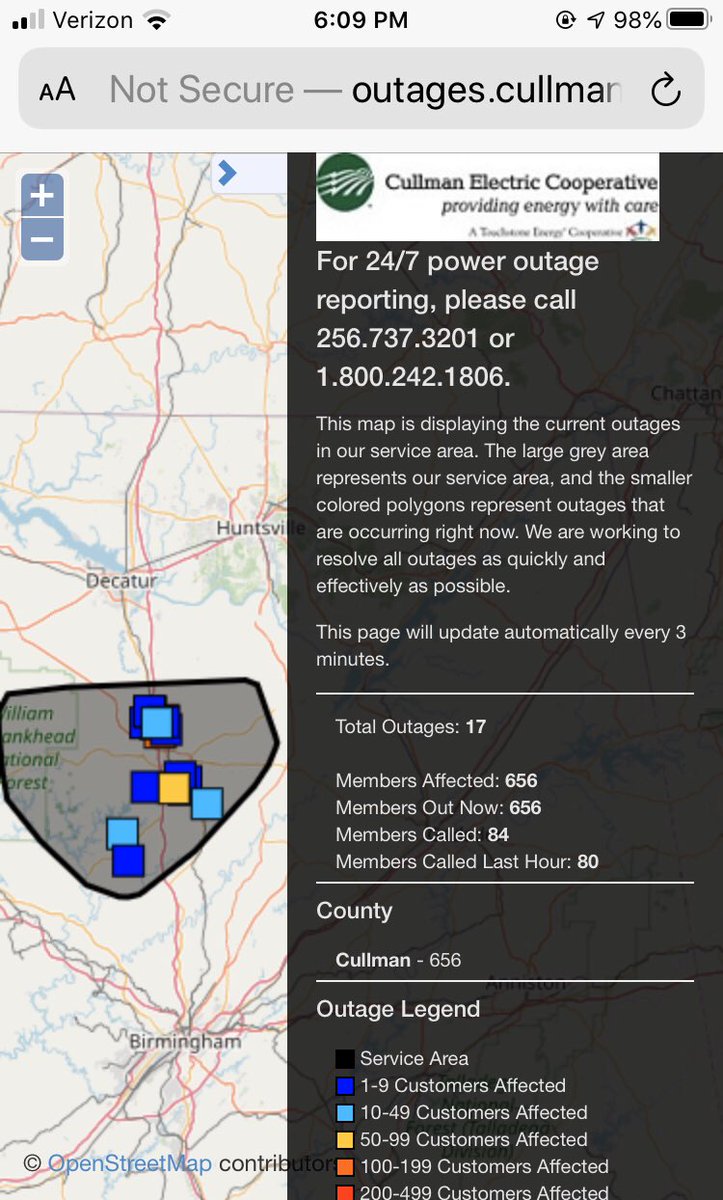 Outages have started to occur due to the storms. Crews are being dispatched. Please report your outages by:- Calling 256-737-3201 - Texting  #OUT to 85700 (sign up required)- Online account at  http://www.billing.cullmanec.com  (registration required)Live Map: http://www.outages.cullmanec.com 