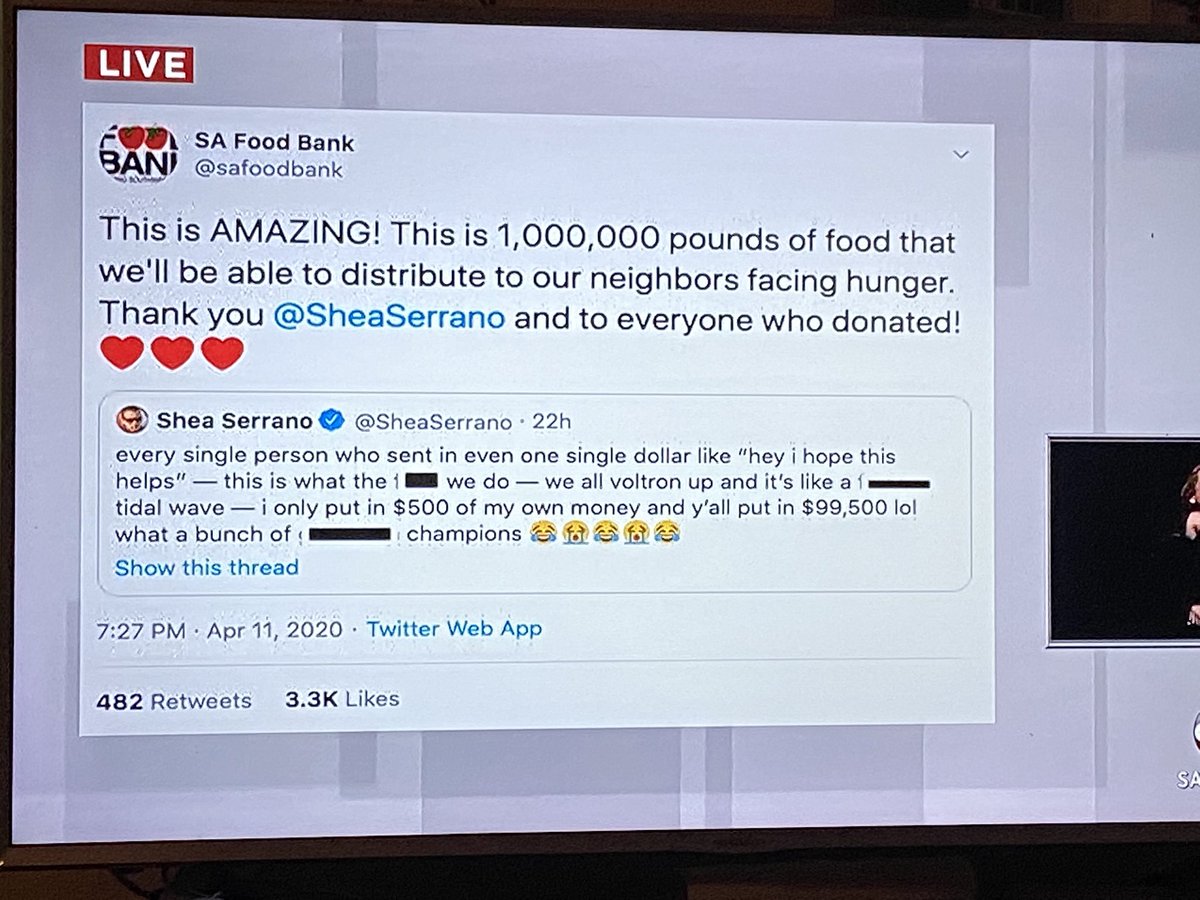 Nice shoutout from <a href="/Ron_Nirenberg/">Ron Nirenberg</a> to <a href="/SheaSerrano/">Shea Serrano</a> and the FOH Army.