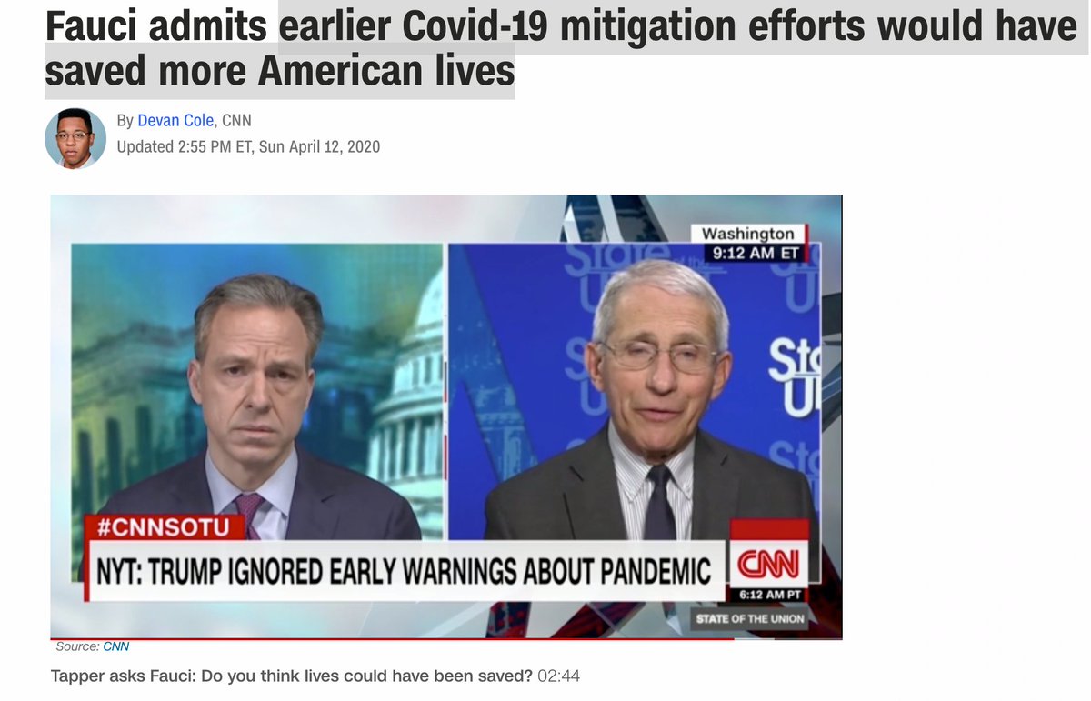 I'm on Fauci watch Doctor Fauci says earlier Covid-19 mitigation efforts would have saved more American lives"There was a lot of pushback' in February in the Trump administration over shutting things down"..... How long until the Trump bus?  https://www.cnn.com/2020/04/12/politics/anthony-fauci-pushback-coronavirus-measures-cnntv/index.html