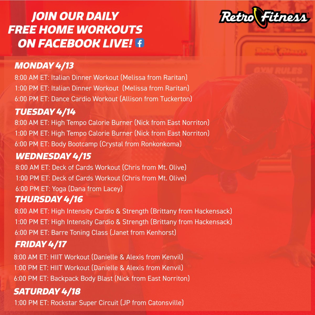 MoorestownRF's tweet photo. Join us for our free home workouts this week on Facebook Live. #GETREAL #NoGymNoProblem https://t.co/0zNdgSKYcC