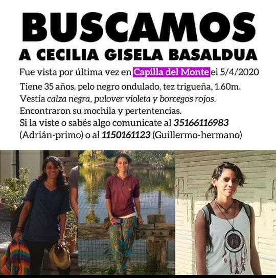 Cecilia Gisela Basaldúa de 35 años está desaparecida desde el domingo 5 de abril encontraron su mochila en un puente de la localidad cordobesa de Capilla del Monte en la que se encontraba viviendo temporalmente.