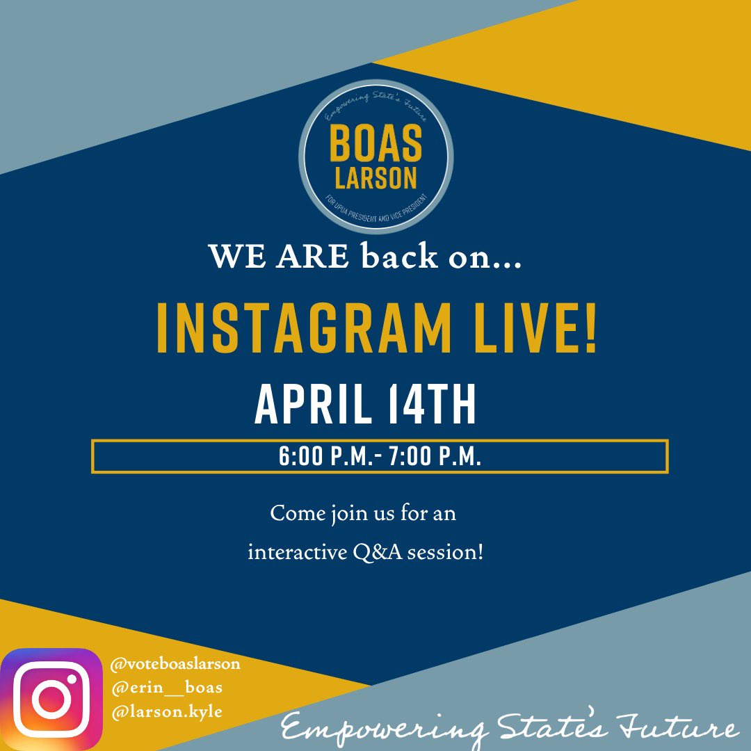 VoteBoasLarson's tweet photo. Join us for our second insta live THIS TUESDAY from 6-7! We want to hear from you! DM or respond to our Instagram story with questions or comments 💙💛 #VoteBoasLarson #EmpoweringStatesFuture https://t.co/7RNhr3QCLA