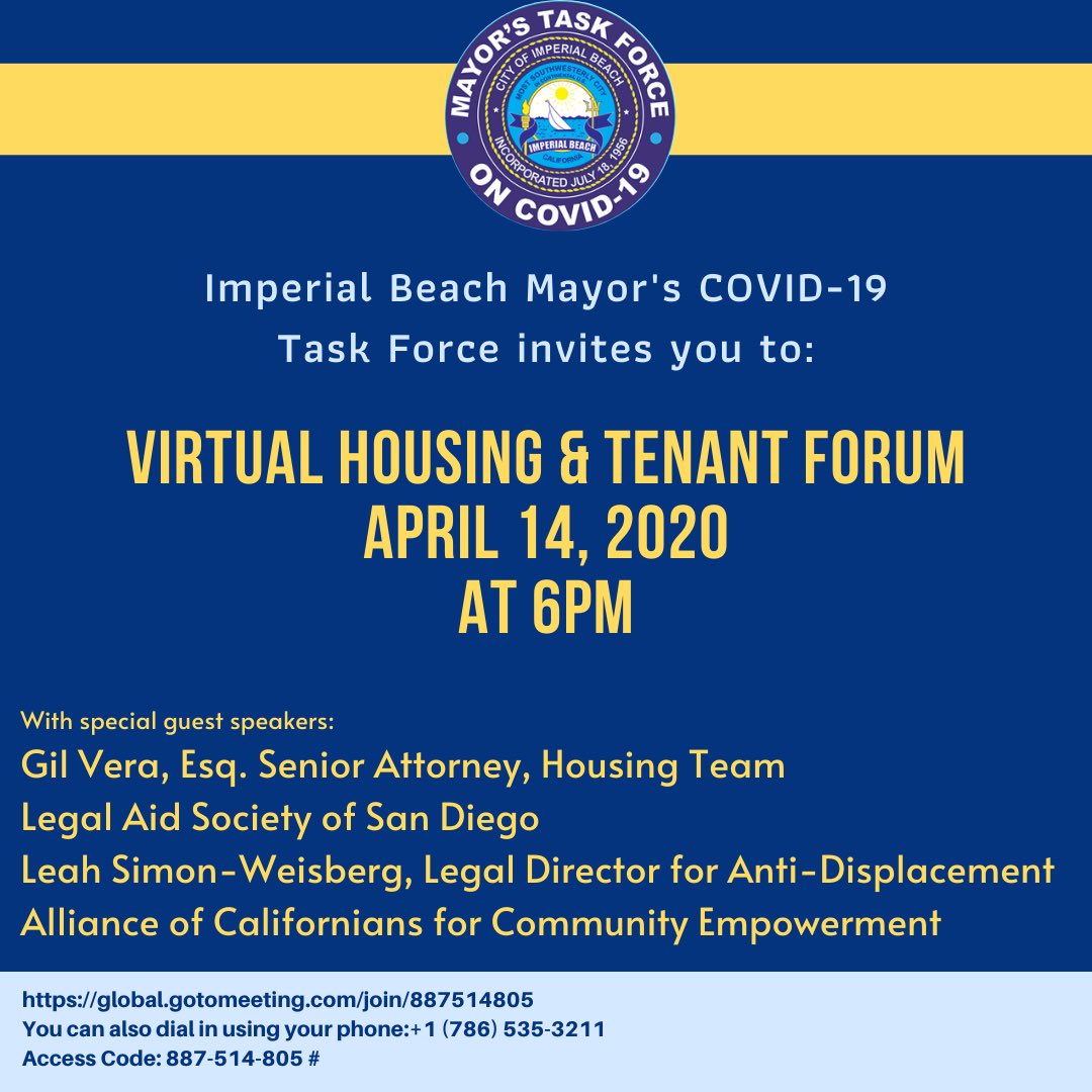 paloma4D1's tweet photo. Please join us this Tuesday at 6pm for a virtual housing and tenant forum with experts who will share information, resources, and be available to answer questions. #IBstrong #Covid19 #ImperialBeach #Housing #MayorsTaskForce 🏘😷☣️ https://t.co/QCWkTjPr7O