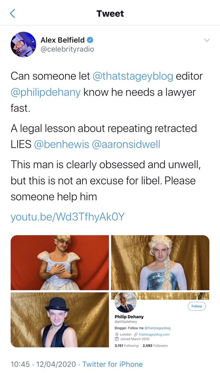 At 10.45 on Sunday 12th April. Alex Belfield posted on  @celebrityradio this tweet in which he calls me “obsessed and unwell” and chooses from over fifty other photos on my website of me, three in which I am dressed in drag. He deletes the tweet later that day.