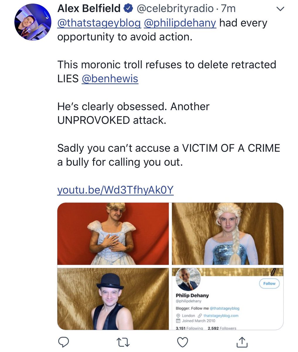 Alex Belfield then posts a modified tweet on  @celebrityradio in which he calls me a “moronic troll”, and that I am “obsessed”. He also deletes this tweet later that same day. He still uses the three photos of me dressed in drag.