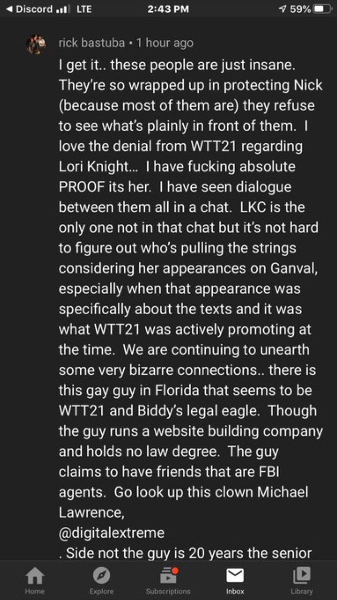 4/6 So next, Rick makes a comment on YouTube claiming he has absolute proof that WTT is Lori Knight from a group chat dialogue he was shown. Obviously Angela517 showed him the group chat or parts of it. So 1st she says WTT is not Lori, then shows Rick proof it is Lori?? 