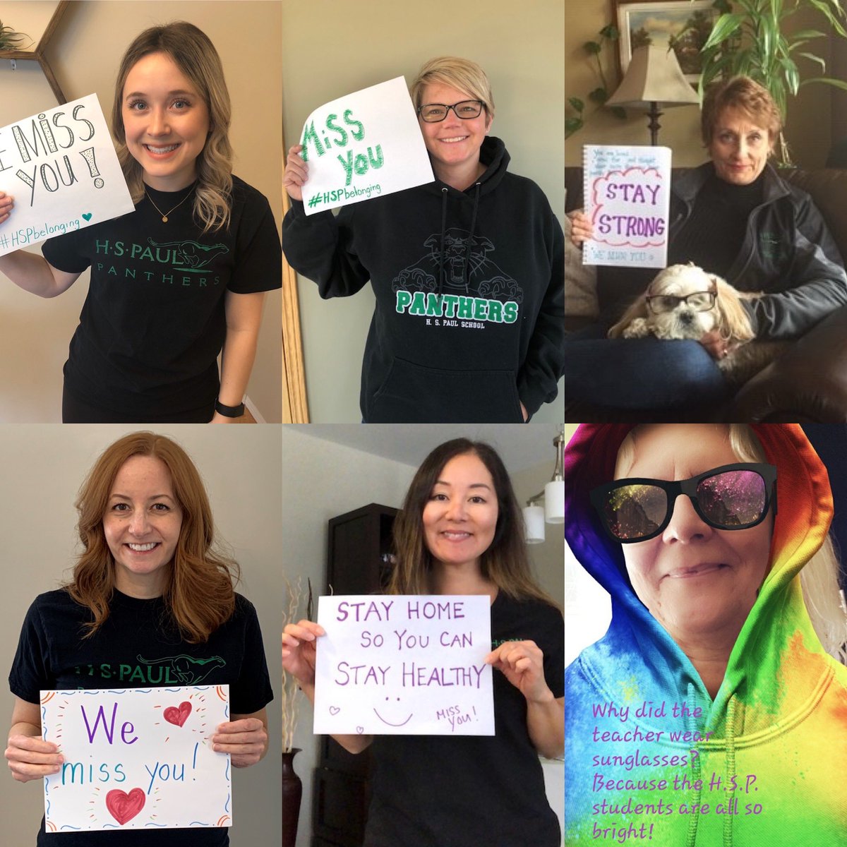 hspaulLRSD's tweet photo. Hey Panthers, recognize any of these smiling faces? Your school family cares about you so much! This time it’s Ms. Bauerlein, Mrs. Brewster, Mrs. Molgat, Mrs. Reimer, Ms. Tsuchi, and a mystery staff member. Any guesses? @louis_riel_sd @hspaulLRSD #hspaulbelonging #itsmrsriel https://t.co/eafjBu7n45