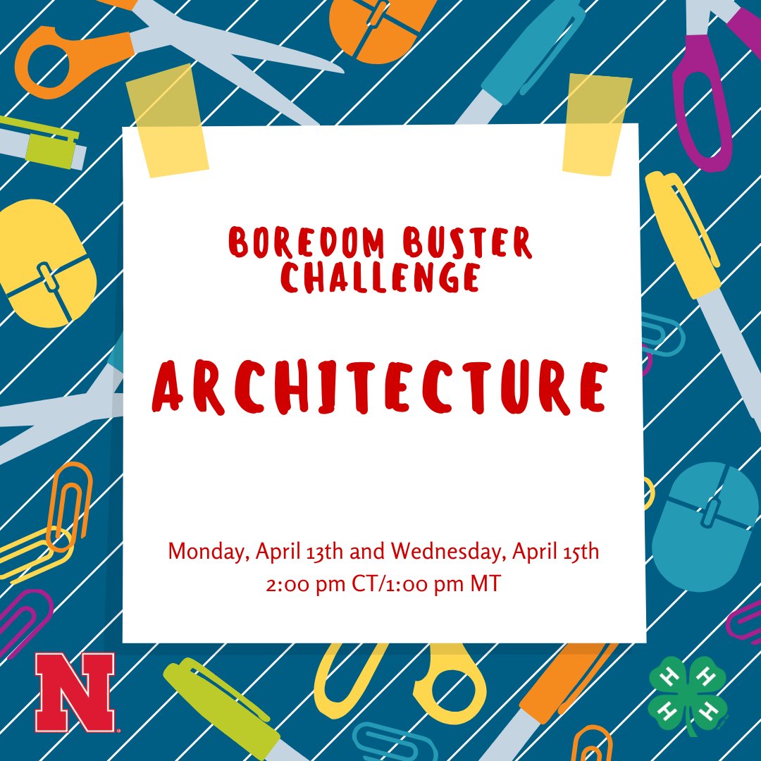 This week on Boredom Buster Challenge: ARCHITECTURE! 

Be sure to register in advance: 4h.unl.edu/boredom-buster…

#NE4H #4H #eLearning #VirtualLearning #InspireKidsToDo
