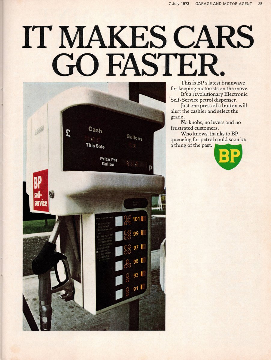 Day 112 of  #petrolstationsBPAd from Garage & Motor Agent magazine,July 1973  https://www.flickr.com/photos/danlockton/49766359683/How self-service petrol was introduced to many in the UK—these very 2001-esque slimline interfaces. It seems surprising, but it was 1989 before self-service was the majority.