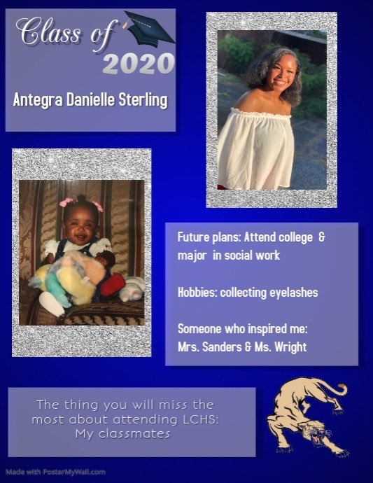 LCHS is very proud of our Class of 2020 and today's LCHS Senior Spotlight is on Antegra Sterling!
🎓💙🐾 #Proud2BCougars