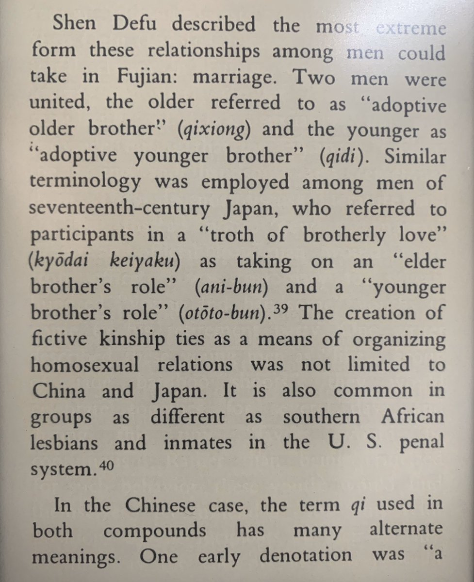 Marriage as a common ceremony was focused in Fujian where they would have the entire wedding similar to straight marriage, creating a bond of kinship ala sworn brothers, however they would still be dissolved in about 20 years due to the need of procreation