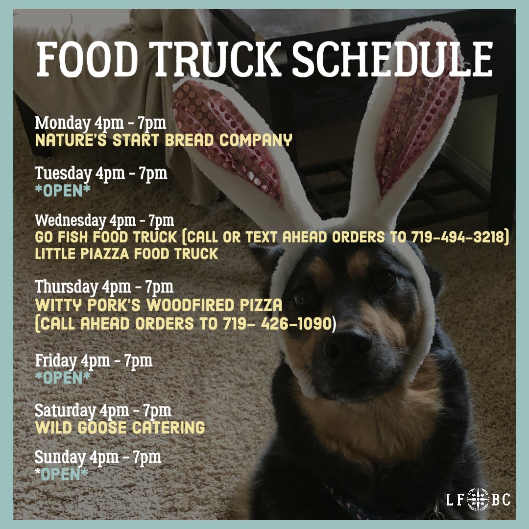 Here's a look at the food trucks parked at the brewery this week! 🍻🚚 We 🧡 our food truck partners! Be sure to support these fantastic, locally-owned businesses. Nature's Start Bread Company, LLC  Go Fish Food Truck Witty Pork's Woodfired Pizza  Wild Goose Catering