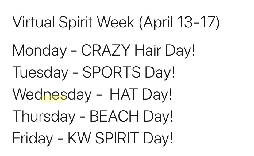 SchuermanKaty's tweet photo. Hey Knight Nation! It is (Virtual) SPIRIT WEEK!!  Show your pride and have some fun!! Friday is ‘Read Like A Knight’ day! Send a photo to your teacher that day of you reading while wearing KW spirit wear. You could win a free book of your choice! https://t.co/du38EMbxNN