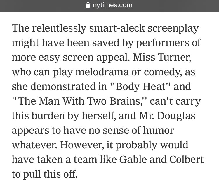 The reviewer criticized Kathleen Turner and Michael Douglass for lacking screen appeal