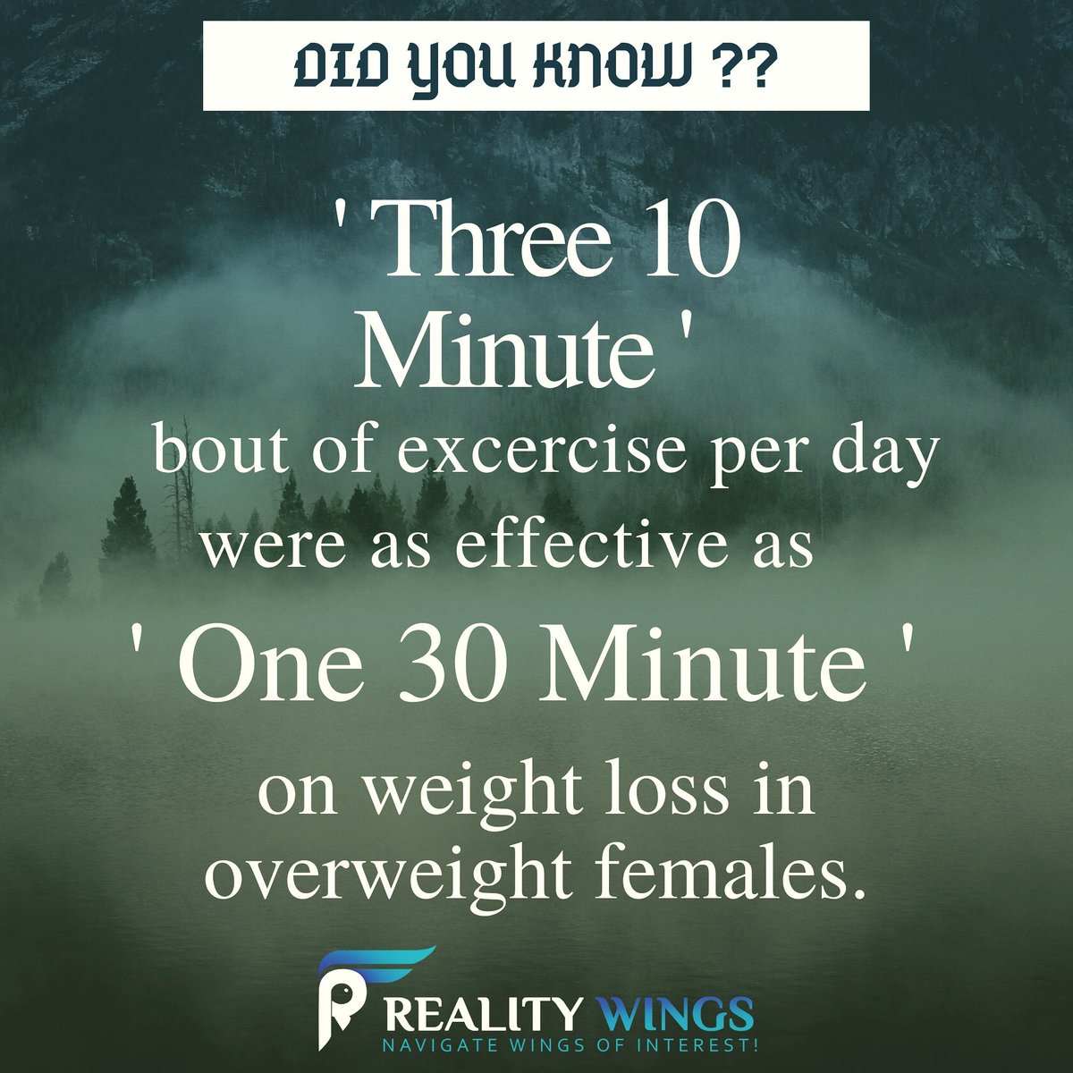 RealityWings's tweet photo. Yeah, According to study published in Journal of the American College of Nutrition,
"Three 10 minute bouts of exercise per day and two 15 minute bouts per day were as effective as one 30 minute bout per day (1 x 30) for improving fitness and weight loss in overweight females." https://t.co/AY4OTFRMX3