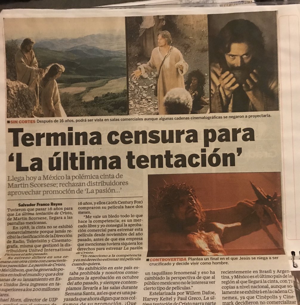 Curious fact. THE LAST TEMPTATION OF THE CHRIST was banned in Mexico for 16 years. In 2004 it finally got a theatrical release in the country. I was very mad because they didn’t let me in to see it. I eventually saw it on home video.