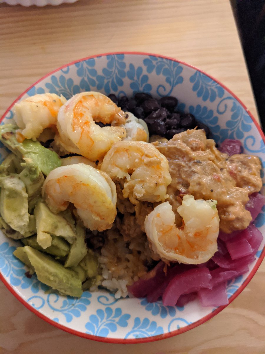 adding some more isolation cooking projects to this thread. here's a black bean-and-rice bowl with avocado, shrimp, pickled red onion, and homemade "orange" salsa
