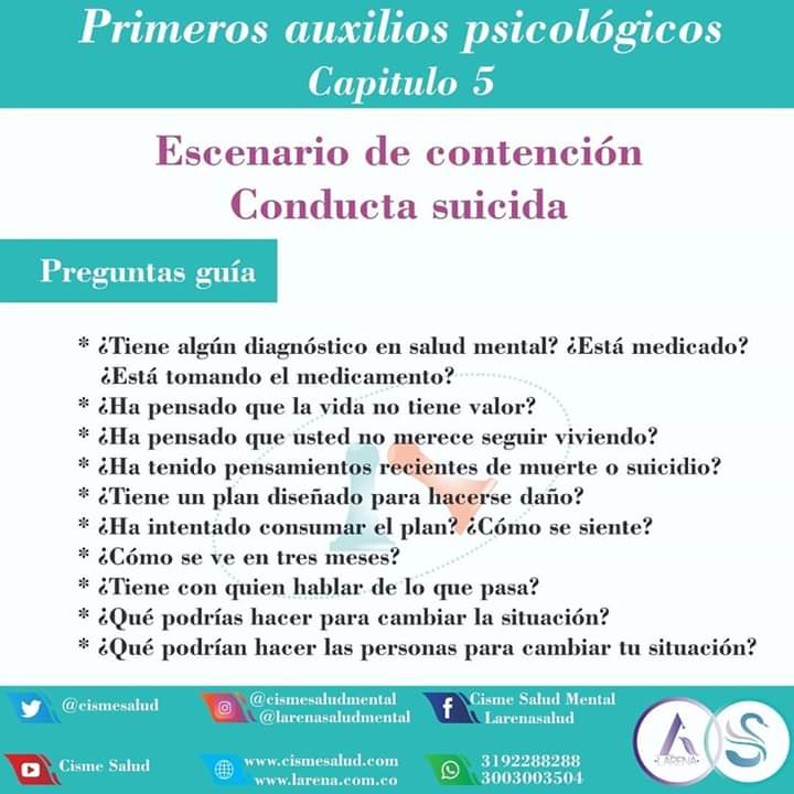 cismesalud's tweet photo. Primeros auxilios psicológicos. Capítulo 5. Conducta suicida

Recuerda que puedes contar con nosotros.

Accede a tus consultas virtuales con nuestros profesionales en psicología y psiquiatría a través de https://t.co/ebcuDQSyi8

Info.
Wpp CISME :3192288288
Wpp LARENA : 3003003504 https://t.co/VC1UkWlSzL