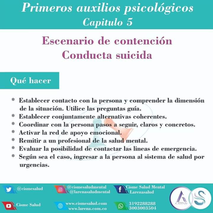 cismesalud's tweet photo. Primeros auxilios psicológicos. Capítulo 5. Conducta suicida

Recuerda que puedes contar con nosotros.

Accede a tus consultas virtuales con nuestros profesionales en psicología y psiquiatría a través de https://t.co/ebcuDQSyi8

Info.
Wpp CISME :3192288288
Wpp LARENA : 3003003504 https://t.co/VC1UkWlSzL