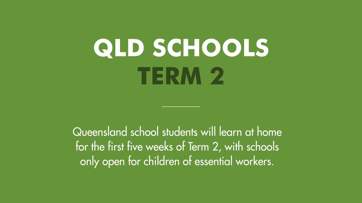 a_palaszczuk's tweet photo. BREAKING: Queensland school students will learn at home for the first five weeks of Term 2, with schools only open for the children of essential workers. The move to the home-based learning model starts on Monday, 20 April and will be in place until at least Friday, 22 May. https://t.co/mWhHzkVuZW