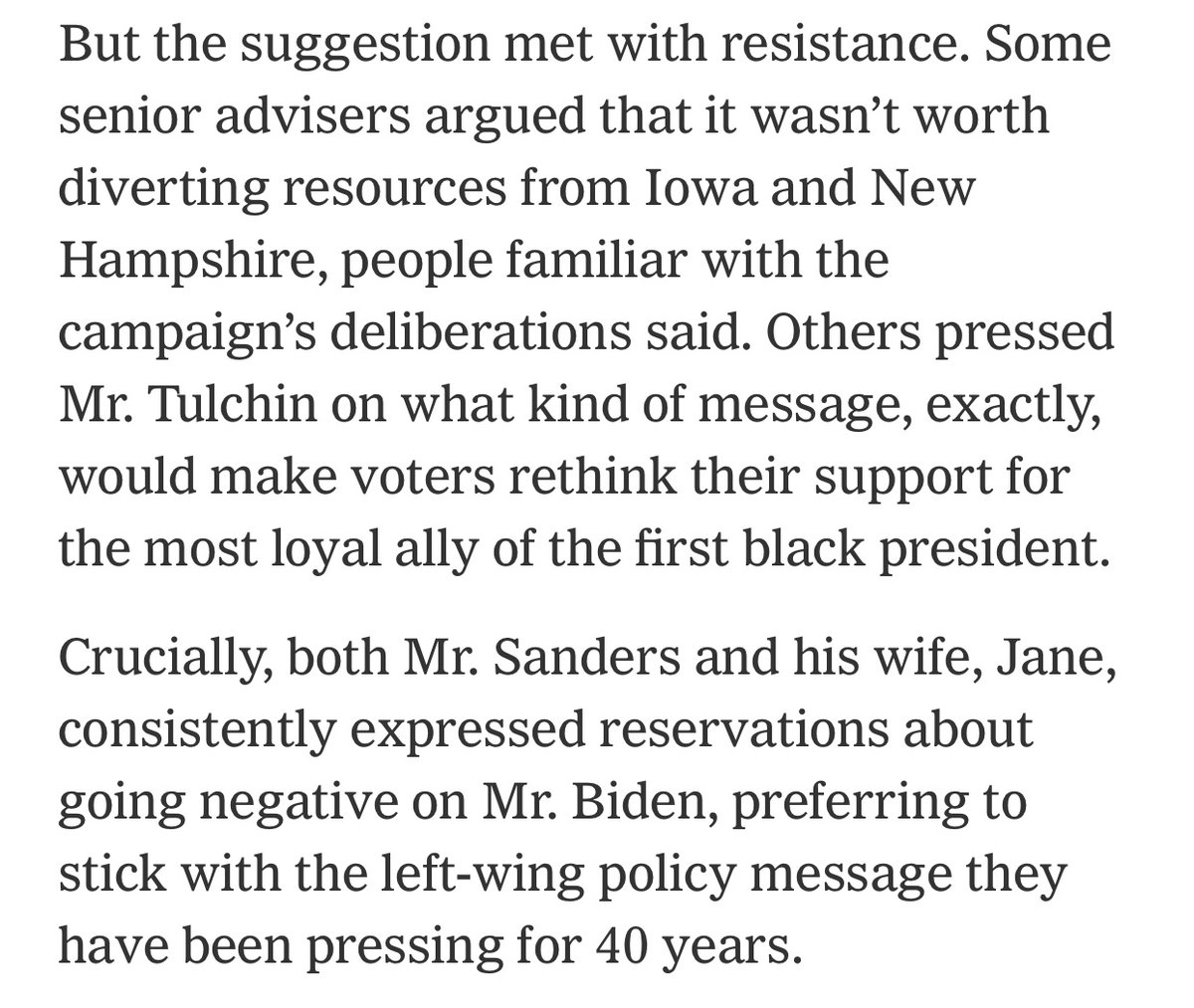 The internal battle over whether and how to attack Biden tore at the Sanders campaign for months, as  @jmartNYT and I detailed in this story   https://www.nytimes.com/2020/03/21/us/politics/bernie-sanders-democrats-2020.htmlBut Sanders himself was never really persuadable, & his top aides lost patience with efforts to force his hand.