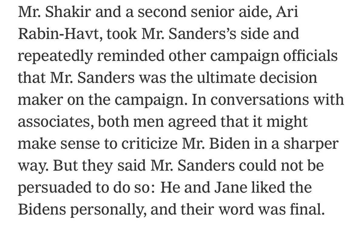 The internal battle over whether and how to attack Biden tore at the Sanders campaign for months, as  @jmartNYT and I detailed in this story   https://www.nytimes.com/2020/03/21/us/politics/bernie-sanders-democrats-2020.htmlBut Sanders himself was never really persuadable, & his top aides lost patience with efforts to force his hand.