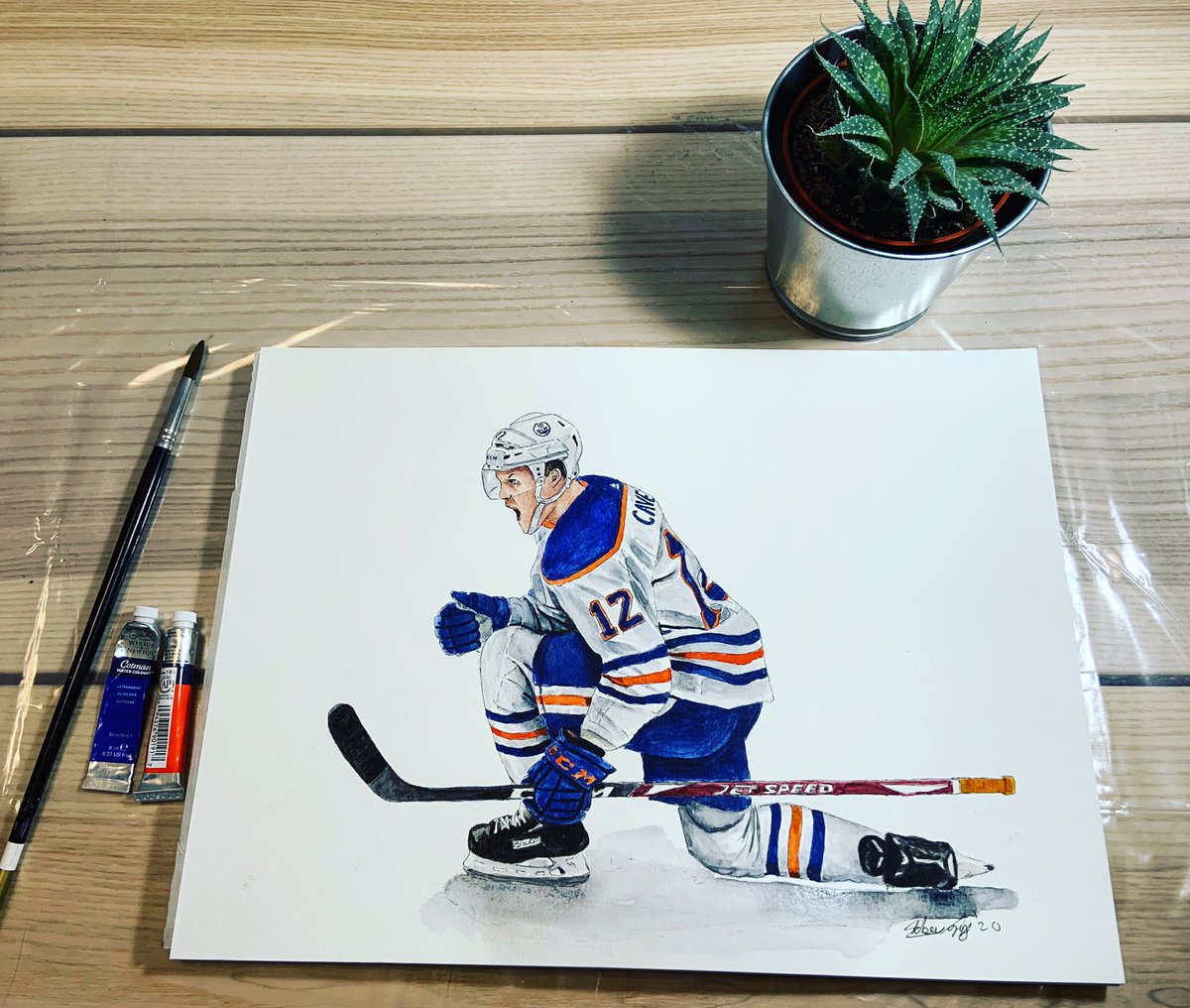 Here’s my tribute watercolour painting of Colby’s last goal for the family. Please share so they can see this. 💙🧡🏒 #ripcolby #ripcolbycave #oilers