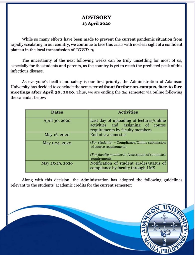 adamson_u's tweet photo. [ADVISORY]

The University on Second Semester classes, grades, and other academic-related concerns: https://t.co/xR6o2yUifk