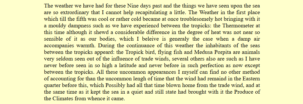 13 April: We're in a bit of a tropical weather outburst, seems, maybe also an East Australian Current (warm) eddy, but the creatures he describes and not super rare at the latitude.(Beaglehole has the modern IDs if interested. Seems to have been a bit of a bird expert.)
